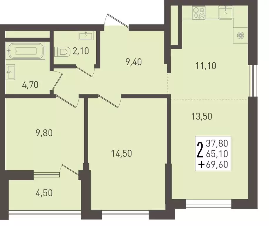2-комнатная квартира: Краснодар, улица имени Бориса Розинга, 2 (69.6 ... - Фото 0