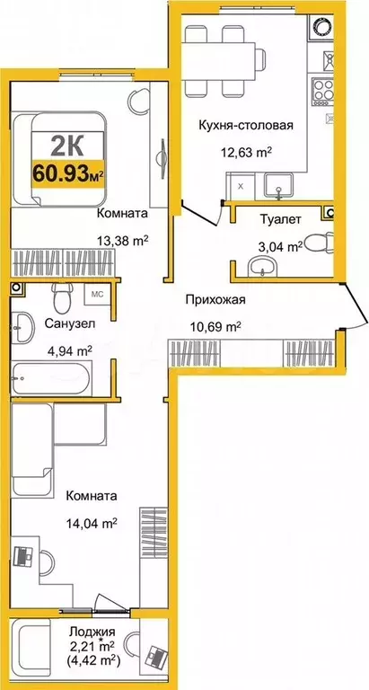 2-к. квартира, 60,9 м, 1/9 эт. - Фото 1