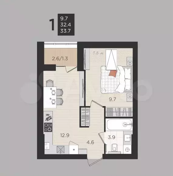 1-к. квартира, 32,4 м, 4/4 эт. - Фото 1