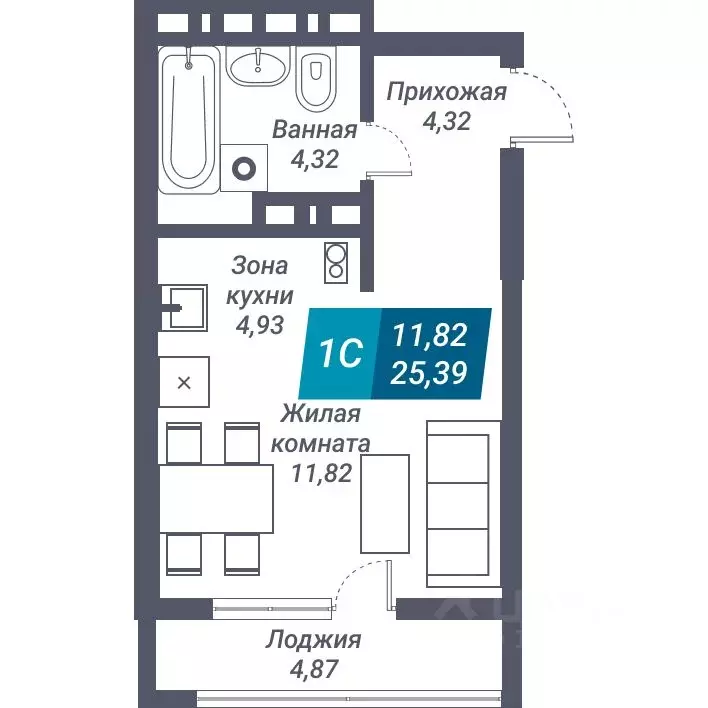 Студия Новосибирская область, Новосибирск ул. Королева, 19 (25.39 м) - Фото 0