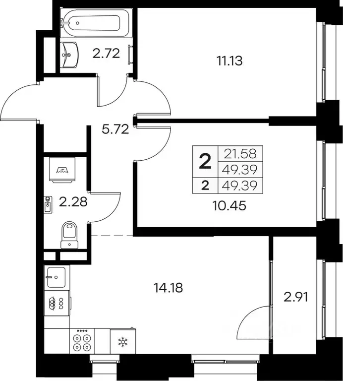 2-к кв. Мурманская область, Мурманск Долина Уюта тер.,  (49.39 м) - Фото 0