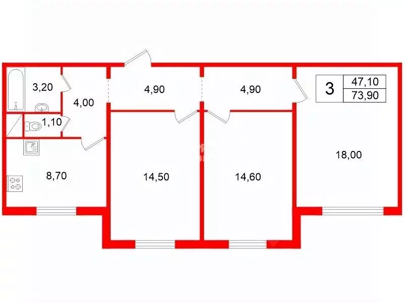 3-к кв. Санкт-Петербург дор. Муринская, 68к2 (73.9 м) - Фото 2