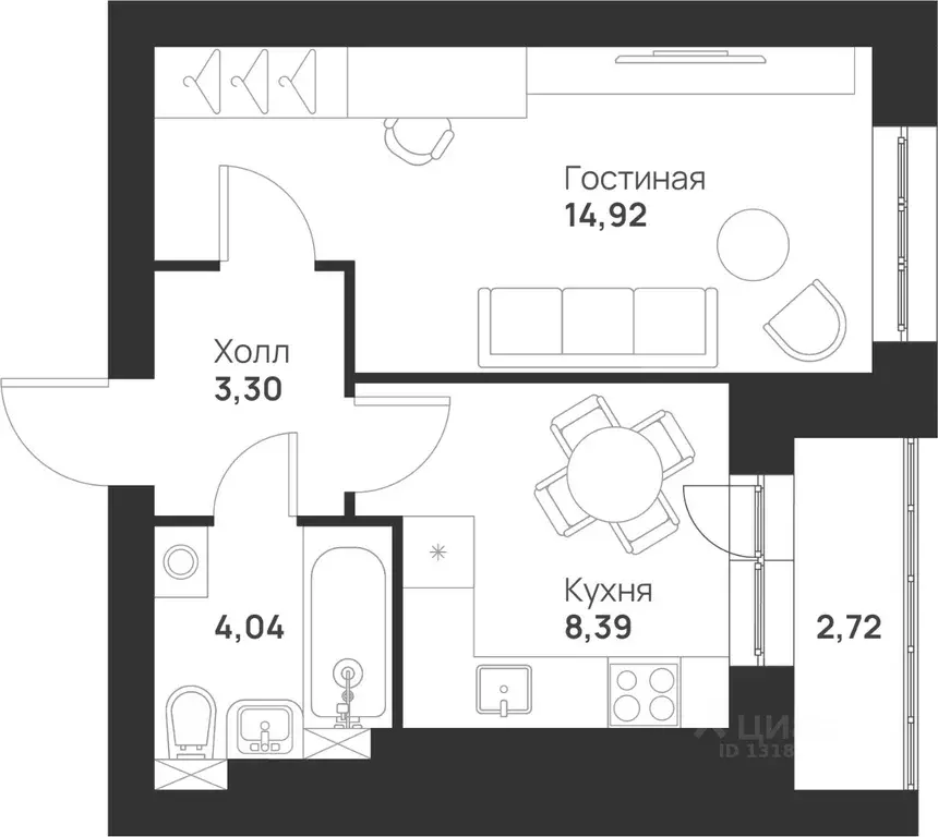 1-к кв. Тульская область, Тула Новая Тула мкр,  (33.37 м) - Фото 0
