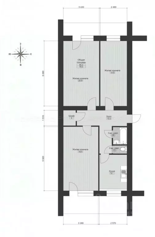 3-к кв. Татарстан, Казань Магистральная ул., 22А (76.3 м) - Фото 2