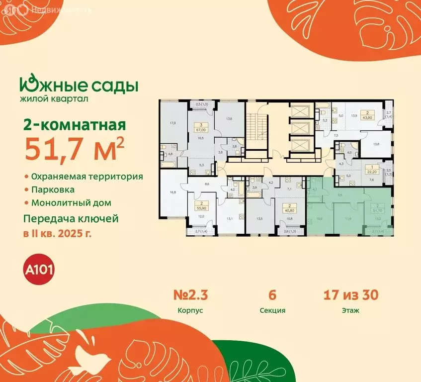 2-комнатная квартира: Москва, жилой комплекс Южные Сады (51.7 м) - Фото 1