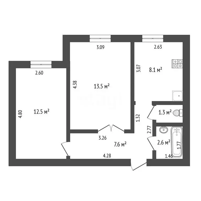 2-комнатная квартира: Тюмень, улица Василия Гольцова, 8 (45.6 м) - Фото 1