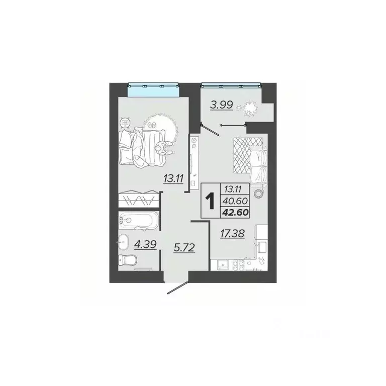 1-к кв. Брянская область, Брянск Архитектор жилой комплекс (42.6 м) - Фото 1