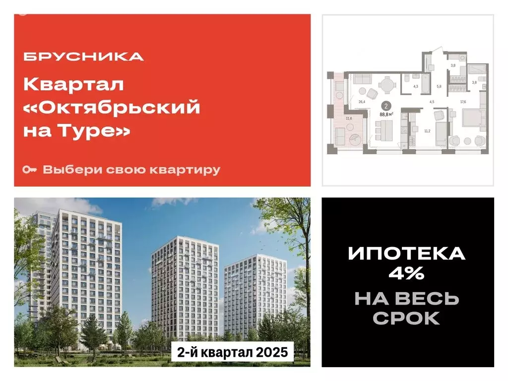 2-комнатная квартира: Тюмень, Краснооктябрьская улица, 4к3 (88.78 м) - Фото 0