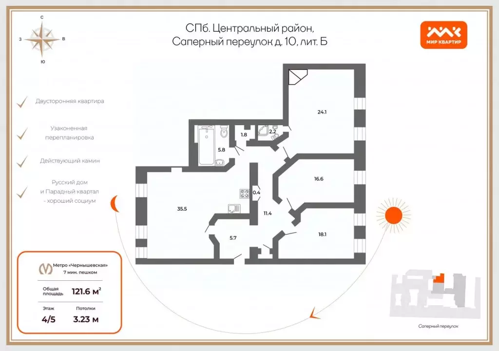 3-к кв. Санкт-Петербург Саперный пер., 10Б (121.6 м) - Фото 1