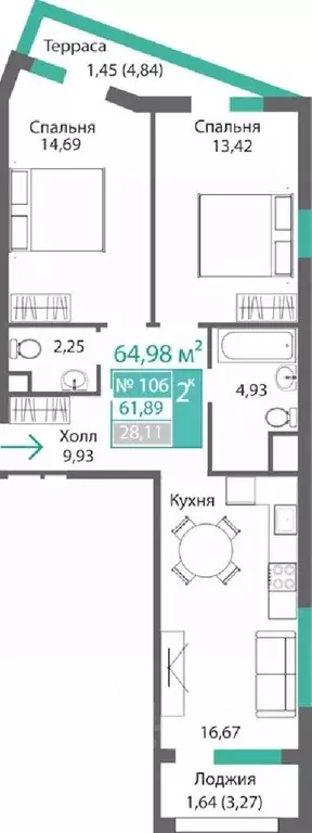 2-к кв. Крым, Симферополь Крымская роза мкр,  (64.98 м) - Фото 0