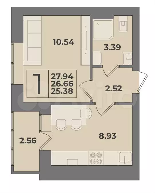 1-к. квартира, 26,7 м, 1/9 эт. - Фото 1