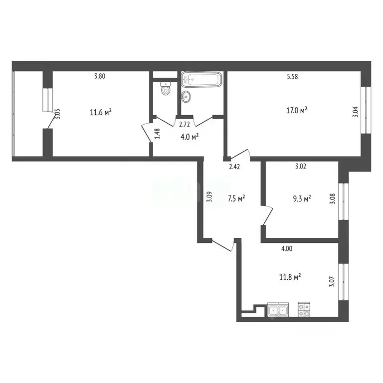 3-к кв. Тюменская область, Тюмень ул. Монтажников, 13А (70.0 м) - Фото 2