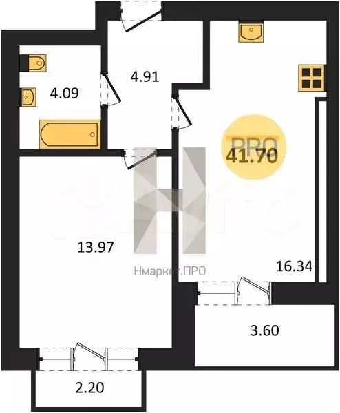 1-к. квартира, 42 м, 7/9 эт. - Фото 1