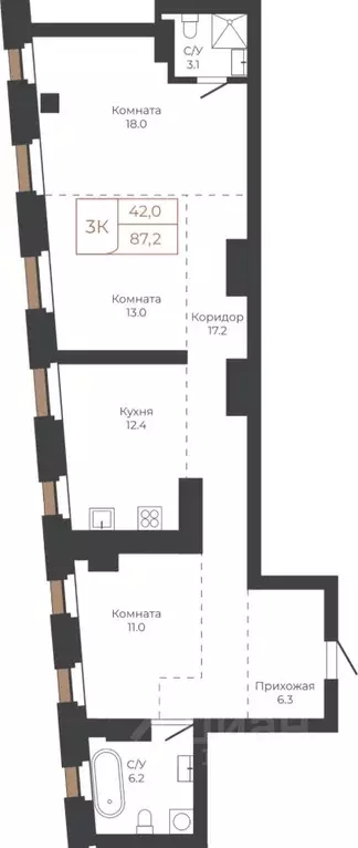 3-к кв. Алтайский край, Барнаул пл. Баварина, 8к1 (86.9 м) - Фото 1