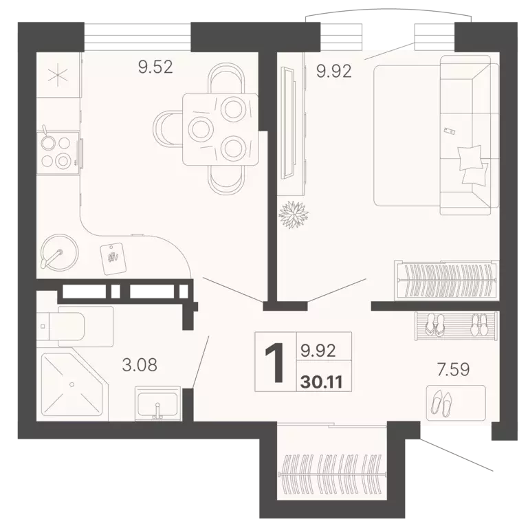 1-к квартира, 30.11 м - Фото 0