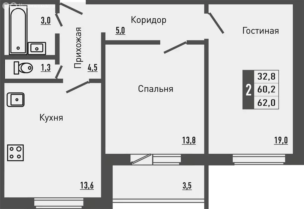 2-комнатная квартира: деревня Жилина, Садовая улица, 2к2 (62.3 м) - Фото 1