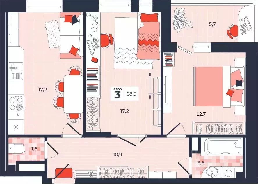 3-к кв. Тульская область, Тула ул. Академика Насоновой, 1А (68.9 м) - Фото 1
