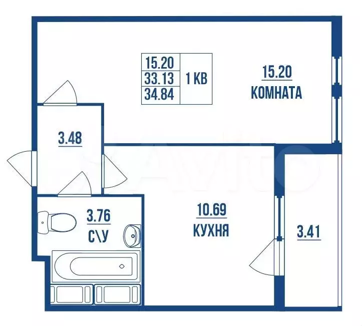 1-к. квартира, 34,8 м, 11/13 эт. - Фото 0
