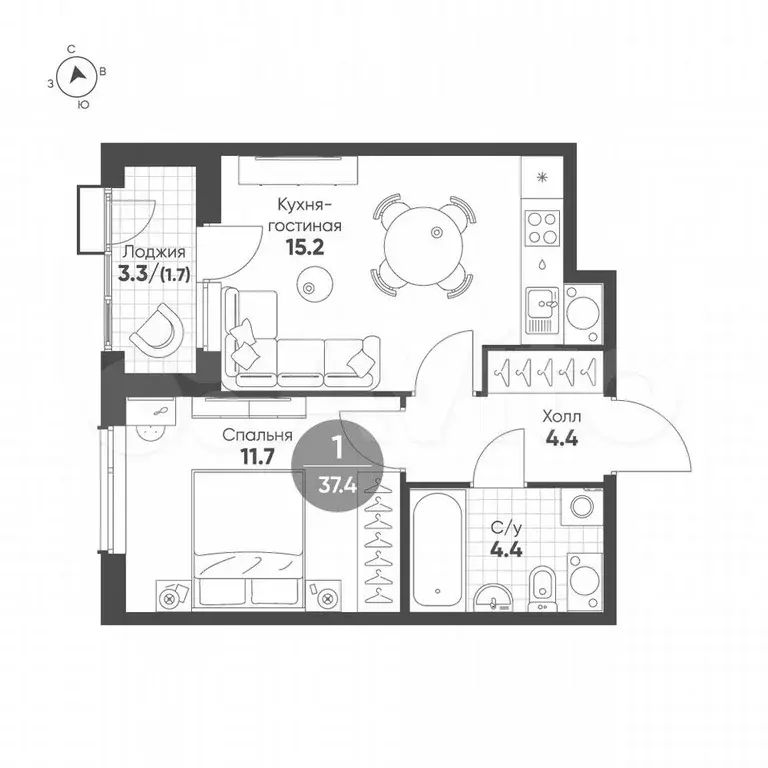 1-к. квартира, 37,4 м, 7/9 эт. - Фото 1