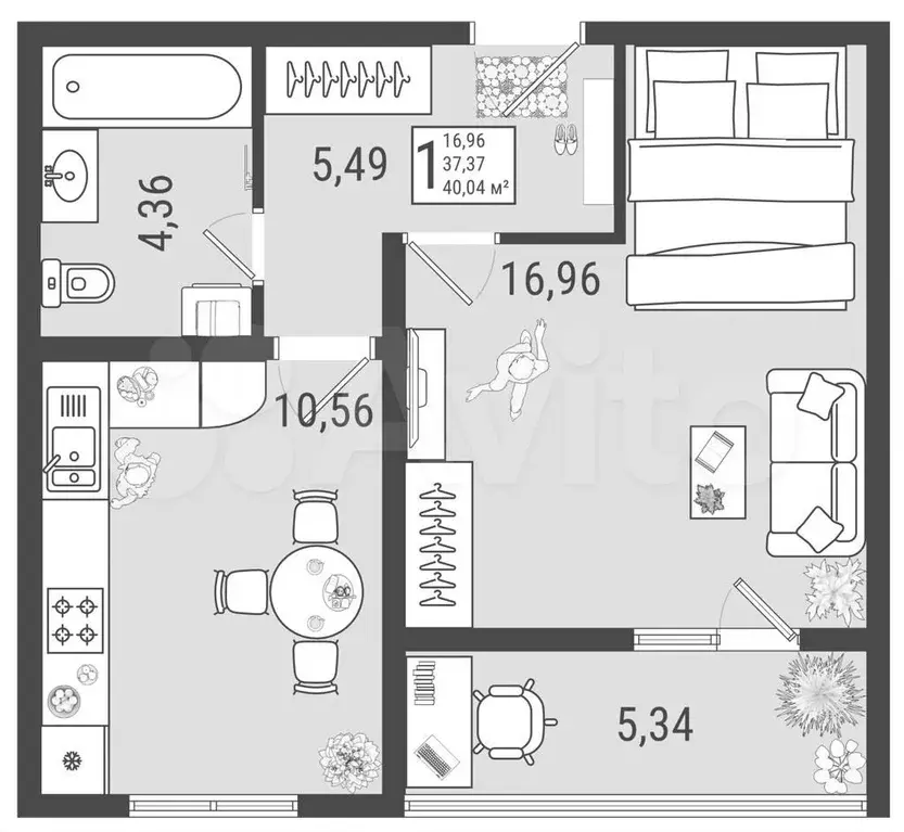 1-к. квартира, 40 м, 4/9 эт. - Фото 0