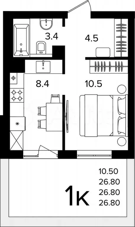 1-к. квартира, 26,8 м, 1/4 эт. - Фото 1
