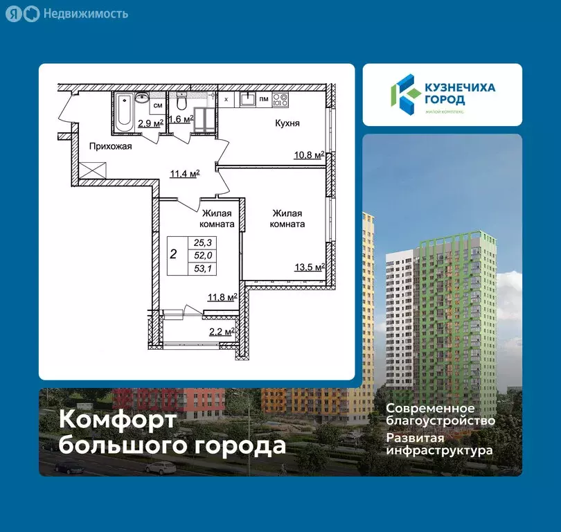 2-комнатная квартира: Нижний Новгород, ЖК Кузнечиха Город, 9 (53.1 м) - Фото 1