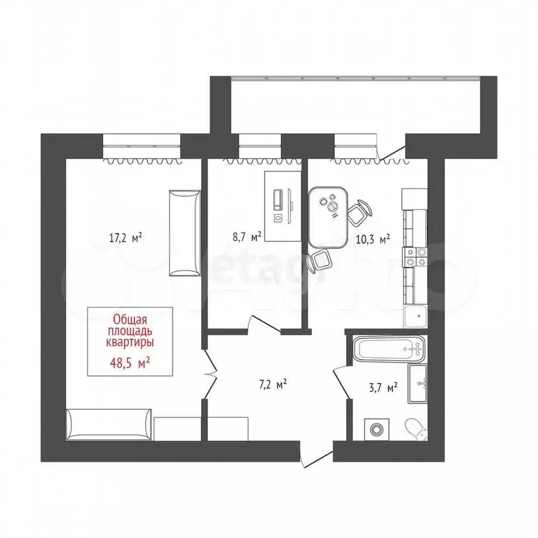 2-к. квартира, 48,5 м, 4/10 эт. - Фото 0