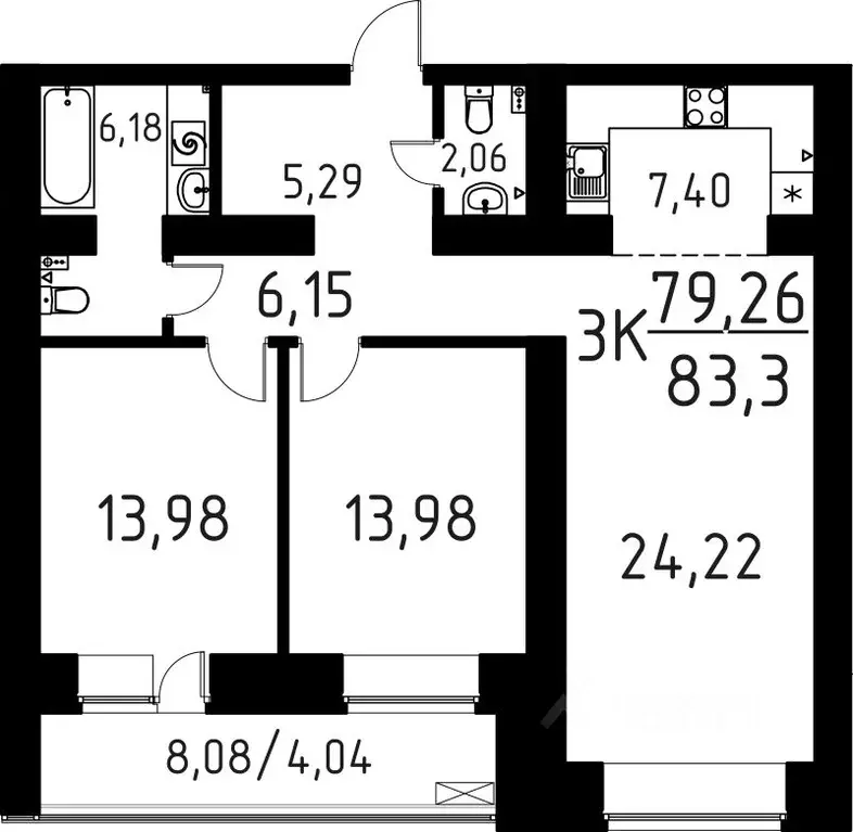 3-к кв. Томская область, Томск ул. Вершинина, 58к1 (83.3 м) - Фото 1