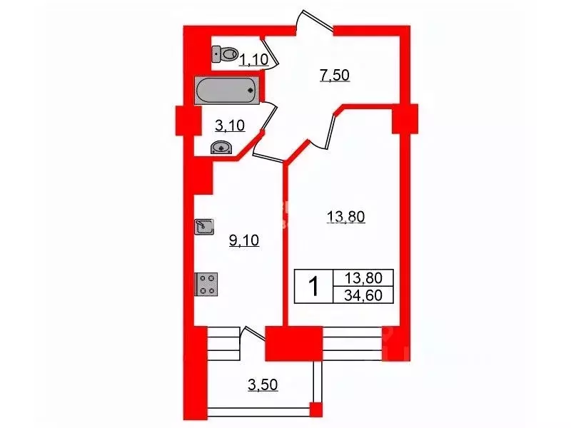 1-к кв. Санкт-Петербург ул. Есенина, 1к1 (34.6 м) - Фото 1