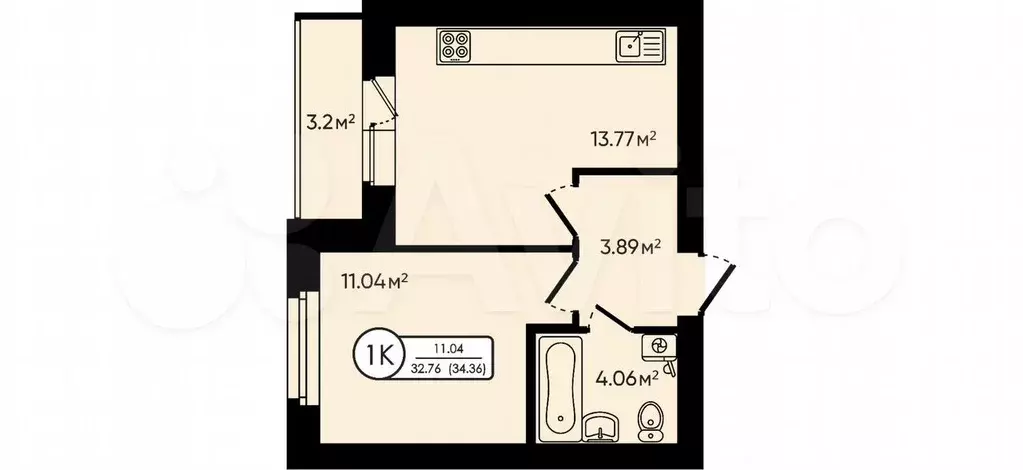 1-к. квартира, 34,4 м, 3/5 эт. - Фото 0