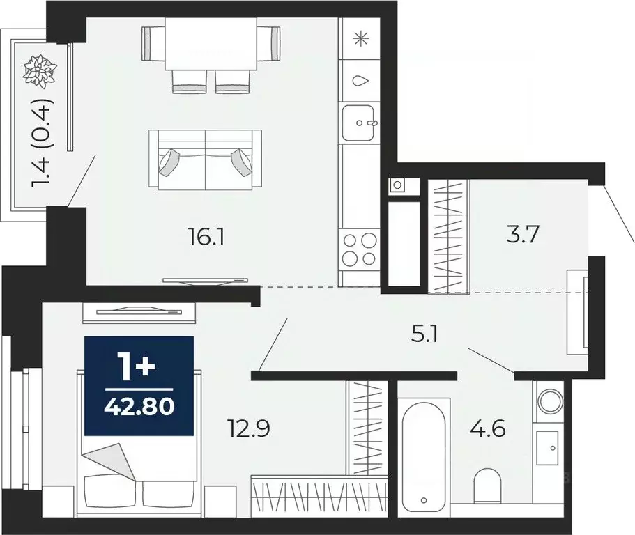 1-к кв. Тюменская область, Тюмень ул. Тимофея Чаркова, 77/1 (42.8 м) - Фото 0