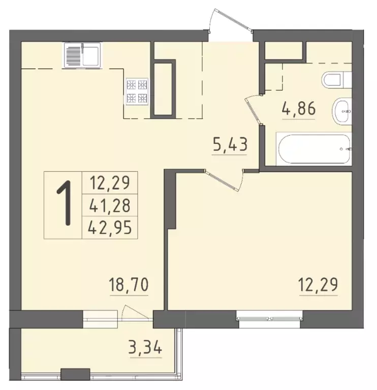 1-к квартира, 42.95 м - Фото 0