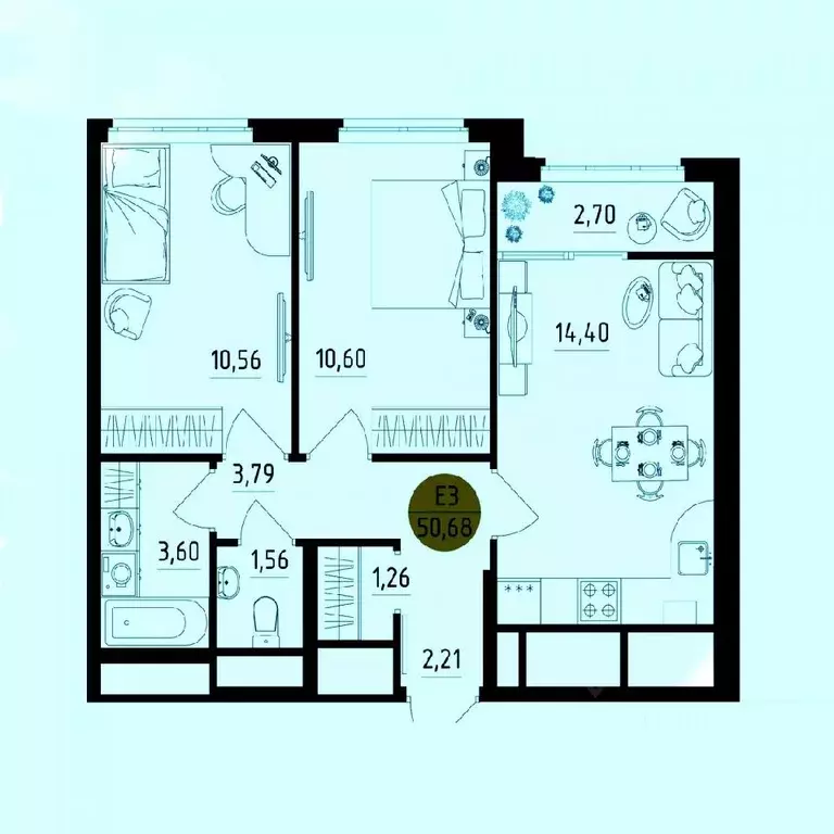 2-к кв. Рязанская область, Рязань ул. Земнухова, 3 (50.68 м) - Фото 1