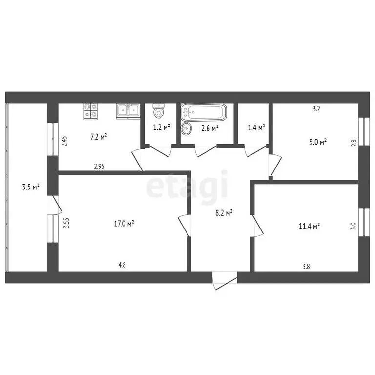 3-комнатная квартира: Бугульма, улица Владимира Комарова, 4 (58 м) - Фото 1