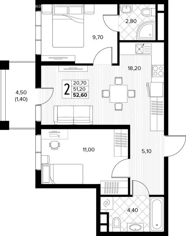 2-комнатная квартира: село Сукко, жилой комплекс Кипарис (52.6 м) - Фото 1