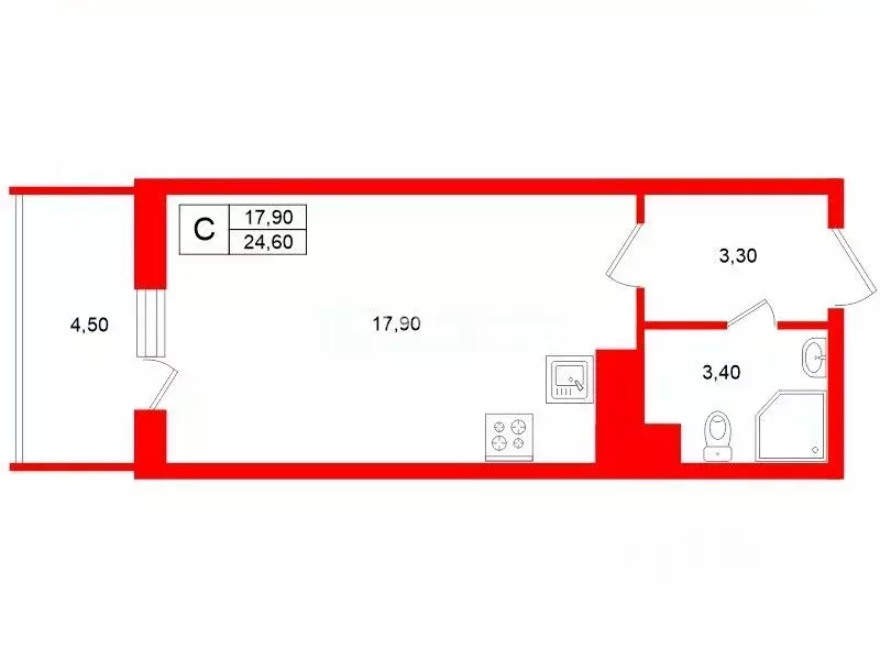 Студия Санкт-Петербург аллея Арцеуловская, 21 (24.6 м) - Фото 2
