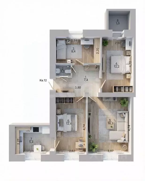 3-к кв. Тверская область, Тверь ул. Мусоргского, 7 (65.4 м) - Фото 1