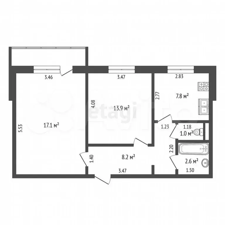 2-к. квартира, 53,6 м, 4/6 эт. - Фото 0