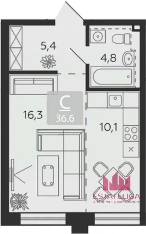 Студия Москва наб. Марка Шагала, 13 (36.6 м) - Фото 1