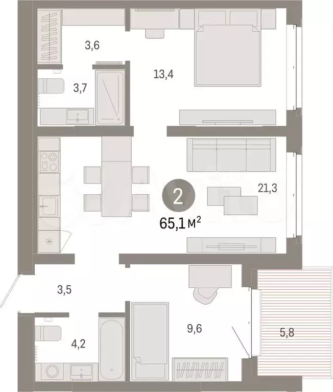 2-к. квартира, 65,1 м, 3/11 эт. - Фото 1