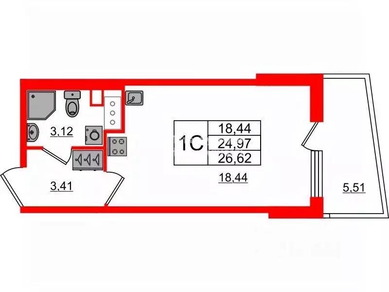 Студия Санкт-Петербург Комендантский просп., 2 (24.97 м) - Фото 1