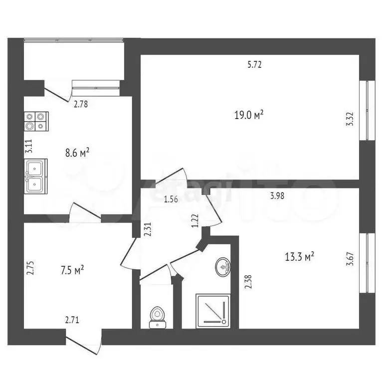 2-к. квартира, 55 м, 2/4 эт. - Фото 1