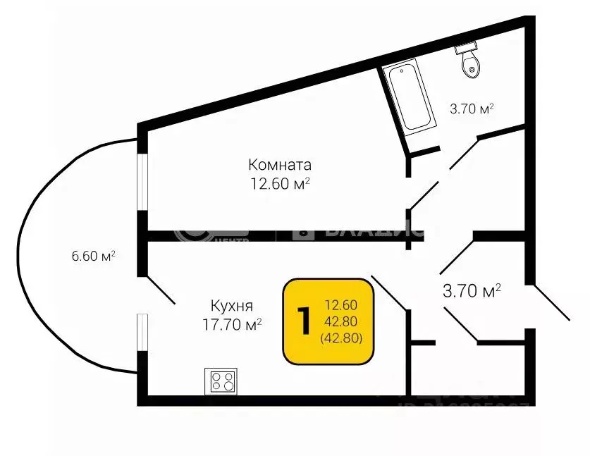 1-к кв. Воронежская область, Воронеж ул. Дзержинского, 4 (42.8 м) - Фото 0