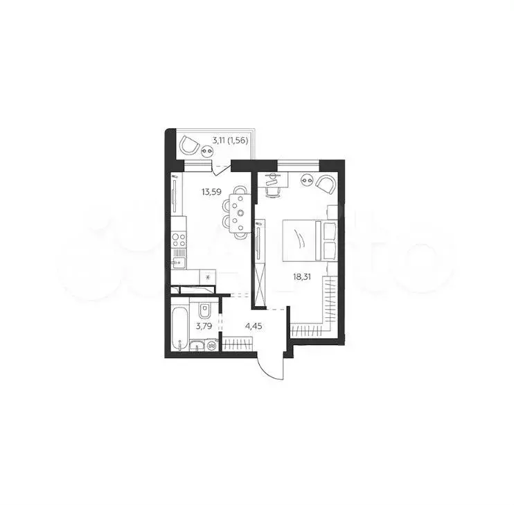 1-к. квартира, 41,7 м, 5/9 эт. - Фото 0