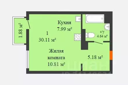 Студия Ростовская область, Ростов-на-Дону ул. Нансена, 109/5 (30.0 м) - Фото 1