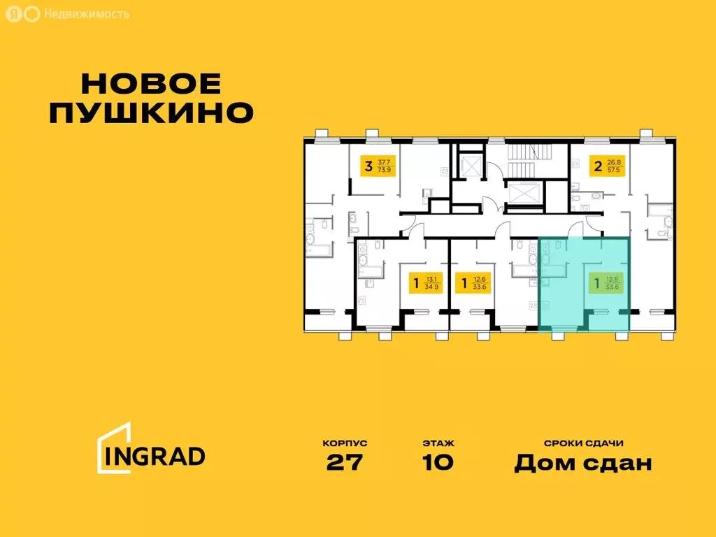 1-комнатная квартира: Пушкино, микрорайон Новое Пушкино, к27 (33.5 м) - Фото 1