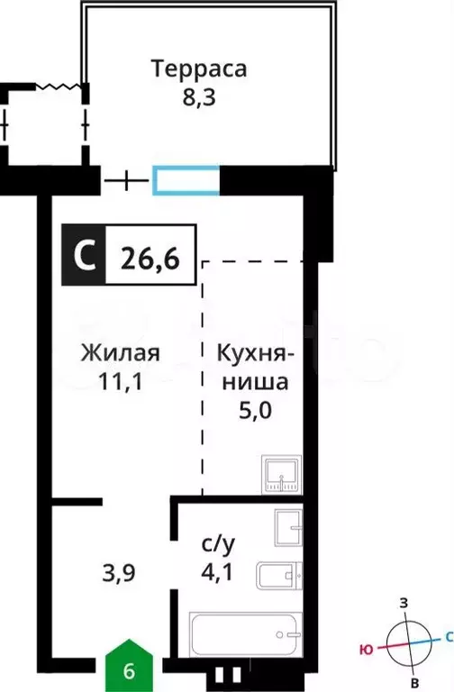 Квартира-студия, 26,6 м, 1/6 эт. - Фото 0