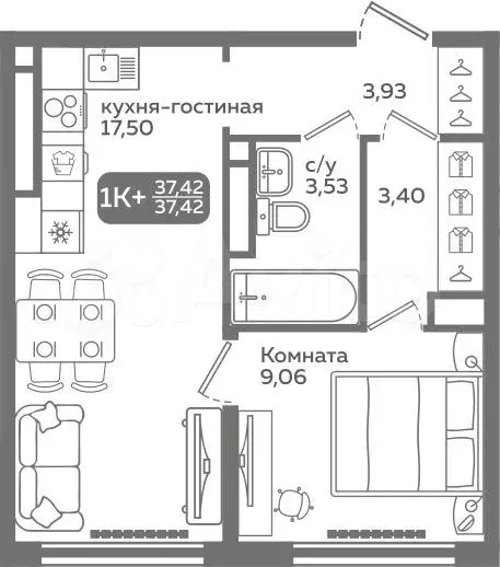 1-к. квартира, 37,4 м, 15/21 эт. - Фото 0