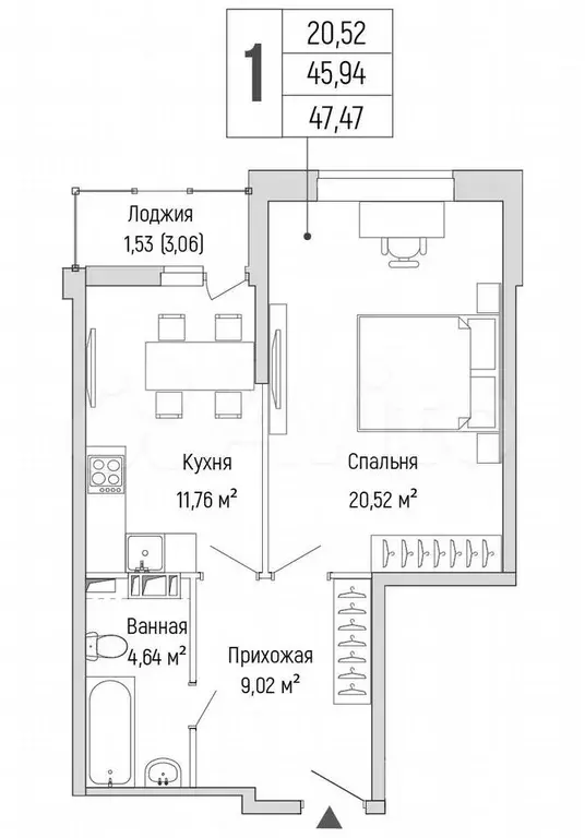 1-к. квартира, 47,5 м, 9/9 эт. - Фото 0