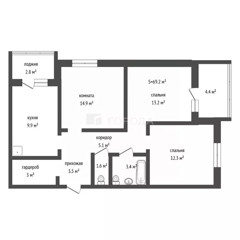 3-к кв. Алтайский край, Барнаул ул. Юрина, 168К (69.2 м) - Фото 2